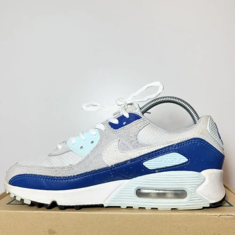 Women's Size 8 Nike Air Max 90 White Royal Blue Grey Athletic Sneakers CD0490